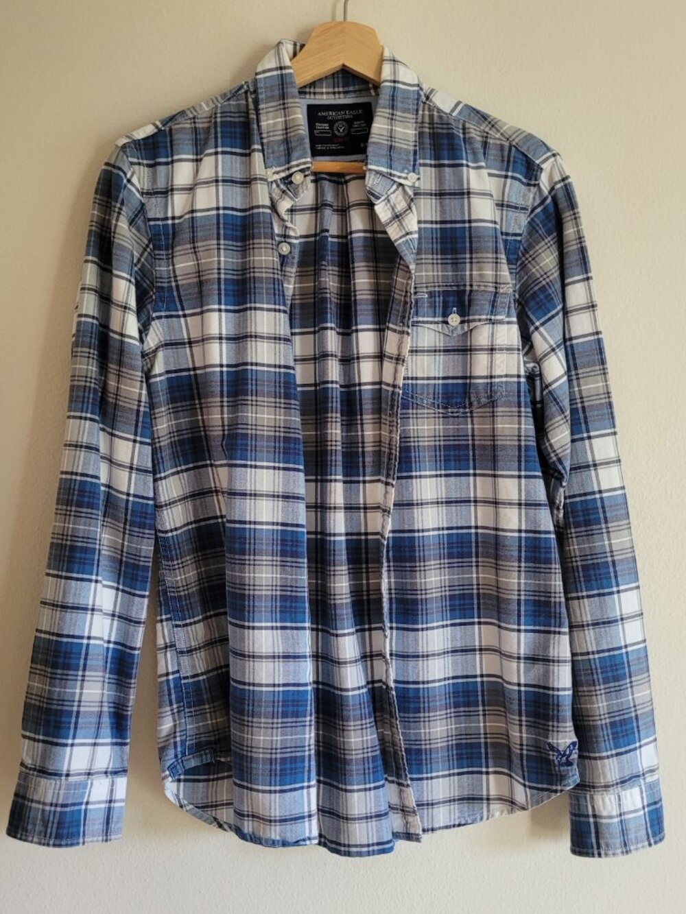 American Eagle Outfitters Plaid Button-Down Shirt Slim Fit Blue White Small